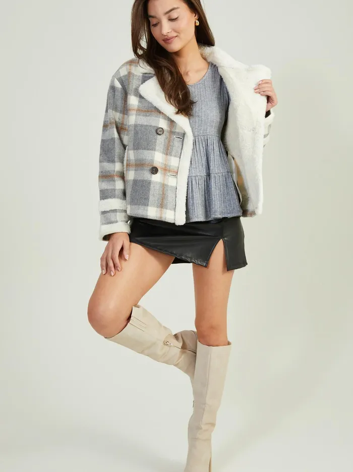 Women Altar039d State Jackets Aviva Plaid Sherpa Jacket Graybrown