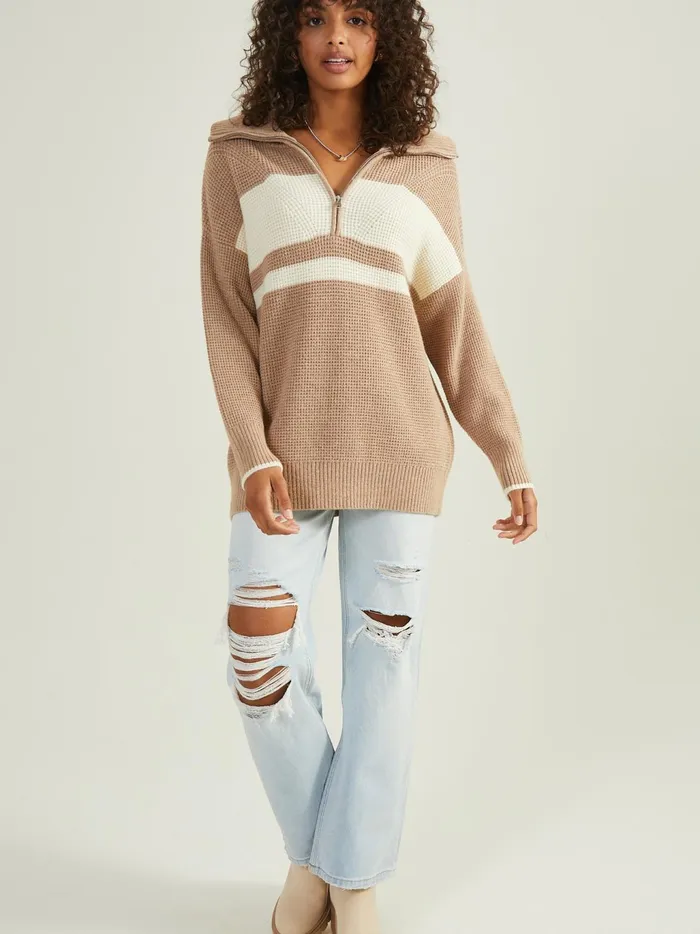Women Altar039d State Sweaters Noelle Striped Quarter Zip Sweater Taupe