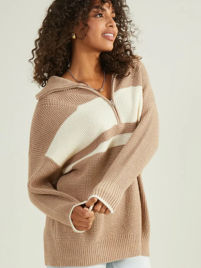 Women Altar039d State Sweaters Noelle Striped Quarter Zip Sweater Taupe