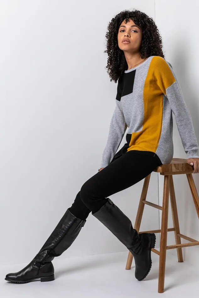 Women Amber Colour Block Ribbed Jumper Roman Knitwear