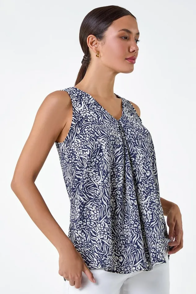 Women Animal Print Pleat Front VNeck Top Roman Tops