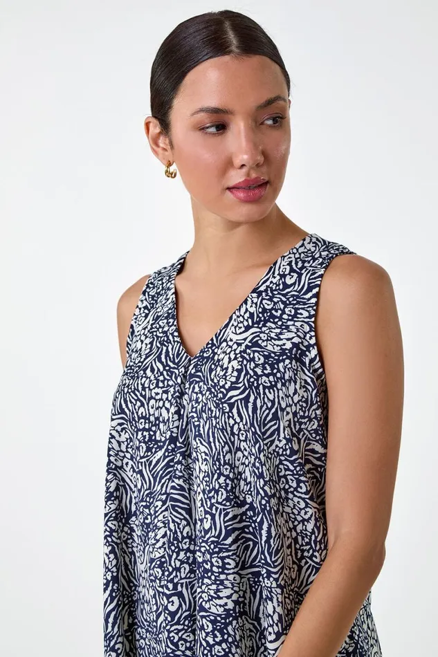 Women Animal Print Pleat Front VNeck Top Roman Tops