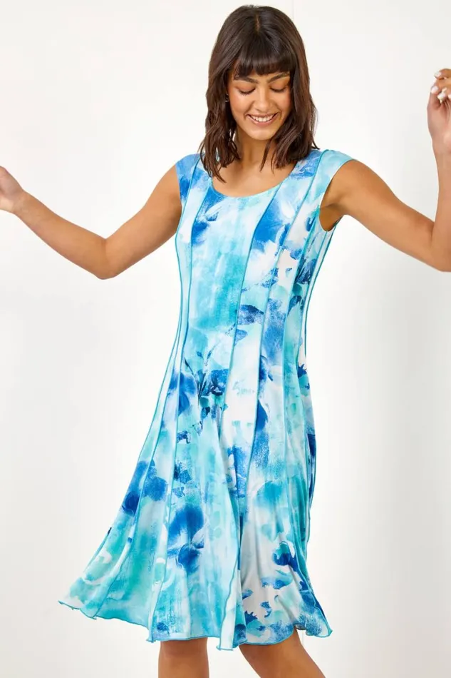 Women Aqua Floral Print Stretch Panel Dress Roman Dresses
