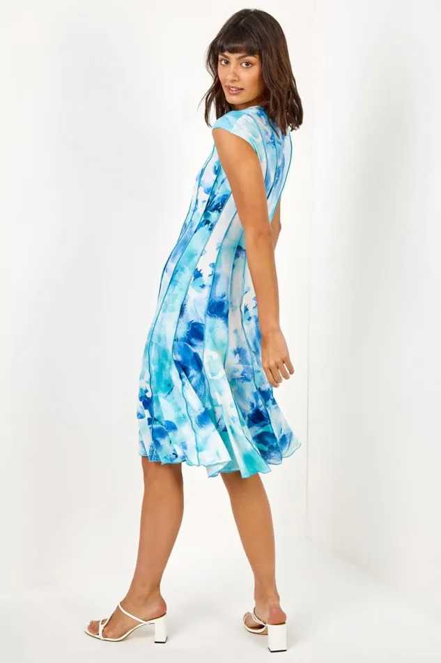Women Aqua Floral Print Stretch Panel Dress Roman Dresses