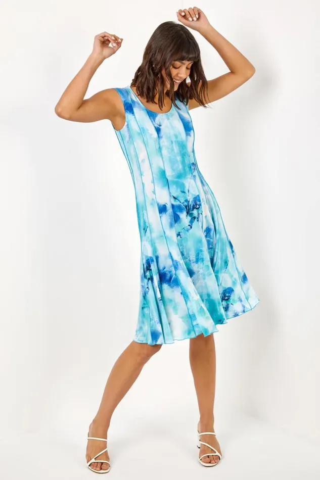 Women Aqua Floral Print Stretch Panel Dress Roman Dresses