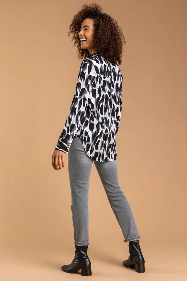 Women Back Animal Print Long Sleeve Collared Jersey Blouse Roman Tops