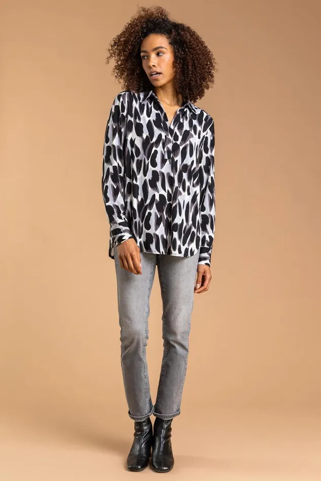 Women Back Animal Print Long Sleeve Collared Jersey Blouse Roman Tops