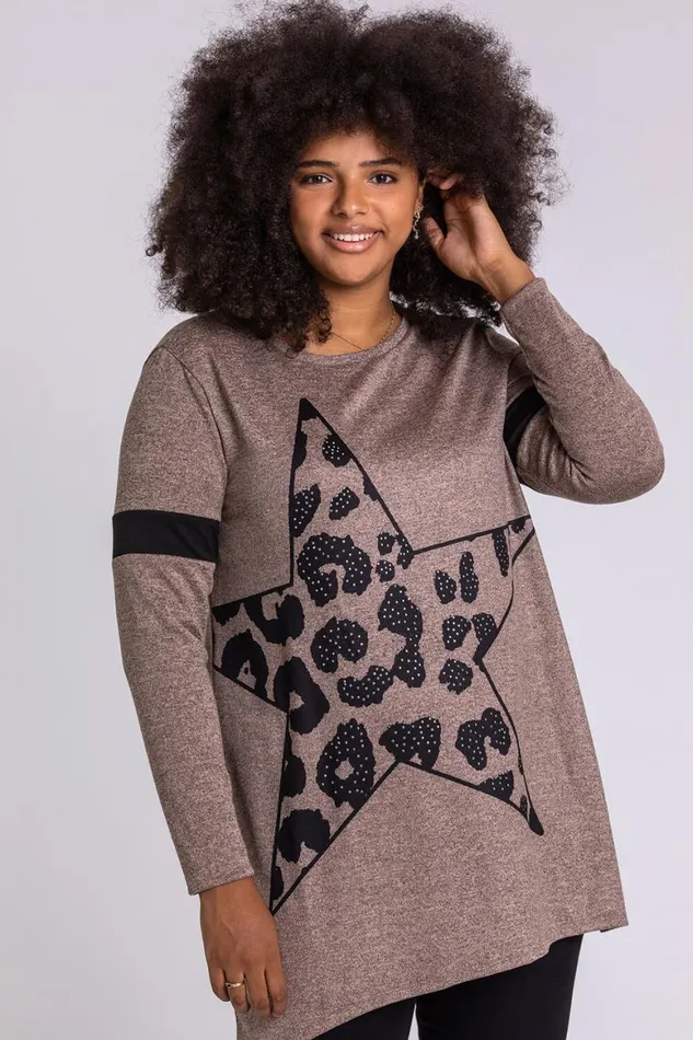 Women Beige Curve Star Print Jersey Top Roman Tops