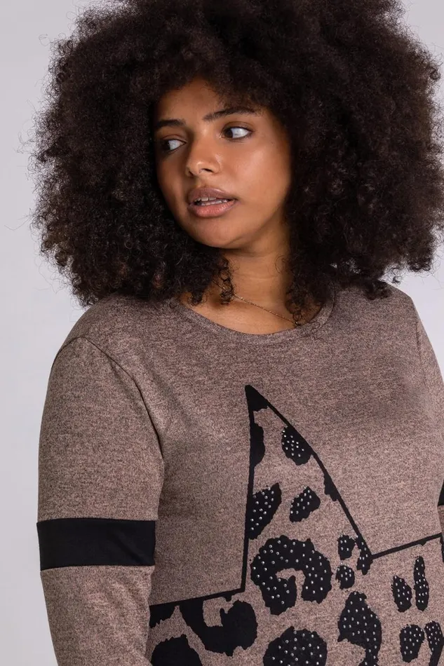 Women Beige Curve Star Print Jersey Top Roman Tops