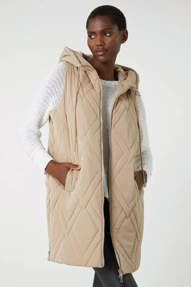 Women Beige Diamond Quilted Hooded Gilet Roman Jackets