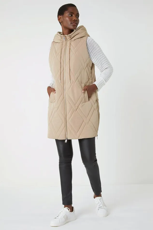 Women Beige Diamond Quilted Hooded Gilet Roman Jackets