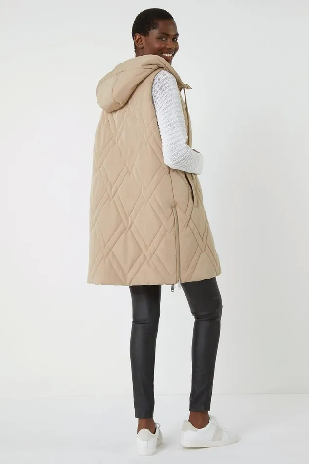 Women Beige Diamond Quilted Hooded Gilet Roman Jackets