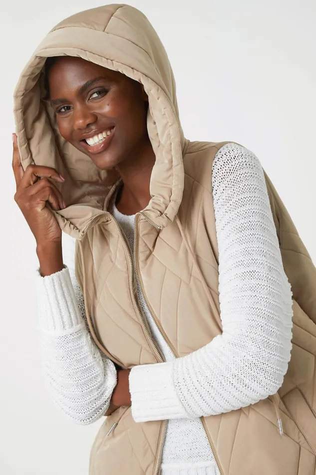 Women Beige Diamond Quilted Hooded Gilet Roman Jackets
