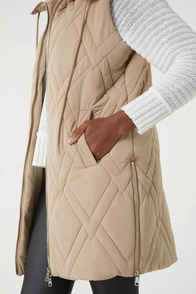 Women Beige Diamond Quilted Hooded Gilet Roman Jackets