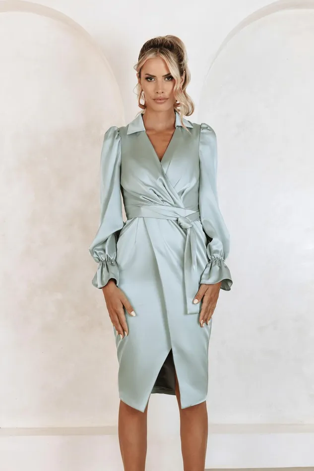 Women Belted Dresses Lavish Alice ELISE Satin Wrap Shirt Dress In Sage Sage