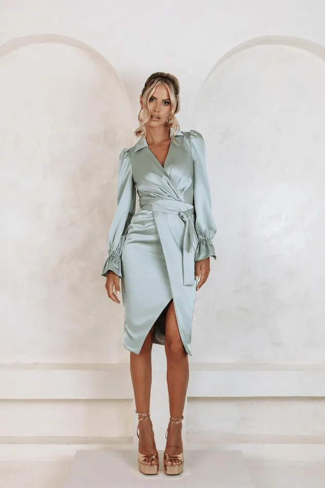 Women Belted Dresses Lavish Alice ELISE Satin Wrap Shirt Dress In Sage Sage