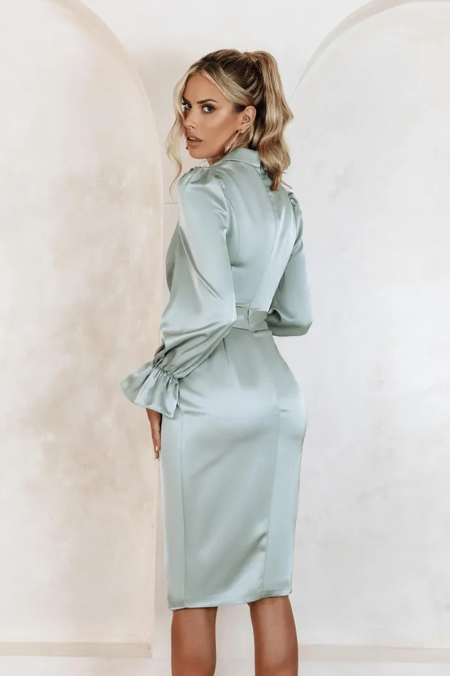 Women Belted Dresses Lavish Alice ELISE Satin Wrap Shirt Dress In Sage Sage
