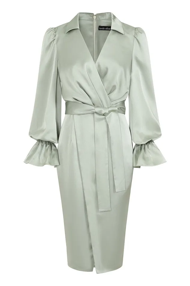 Women Belted Dresses Lavish Alice ELISE Satin Wrap Shirt Dress In Sage Sage