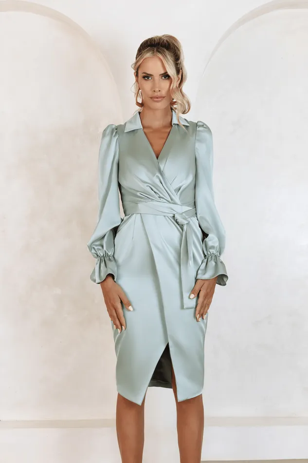 Women Belted Dresses Lavish Alice ELISE Satin Wrap Shirt Dress In Sage Sage