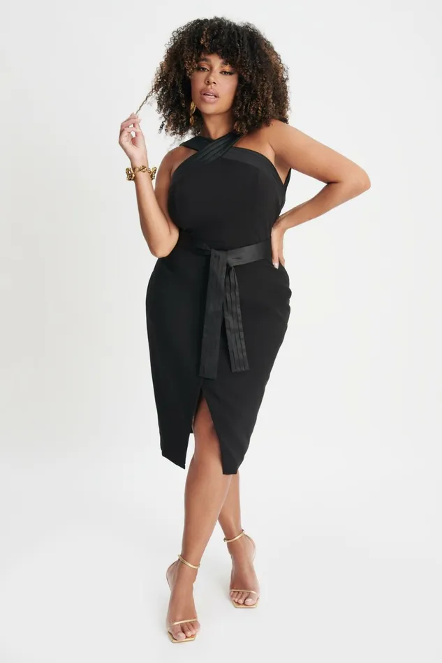 Women Belted Dresses Lavish Alice ISLA Curve Satin Mix Cross Over Midi Dress In Black Black Women Belted Dresses Lavish Alice ISLA Curve Satin Mix Cross Over Midi Dress In Black Black