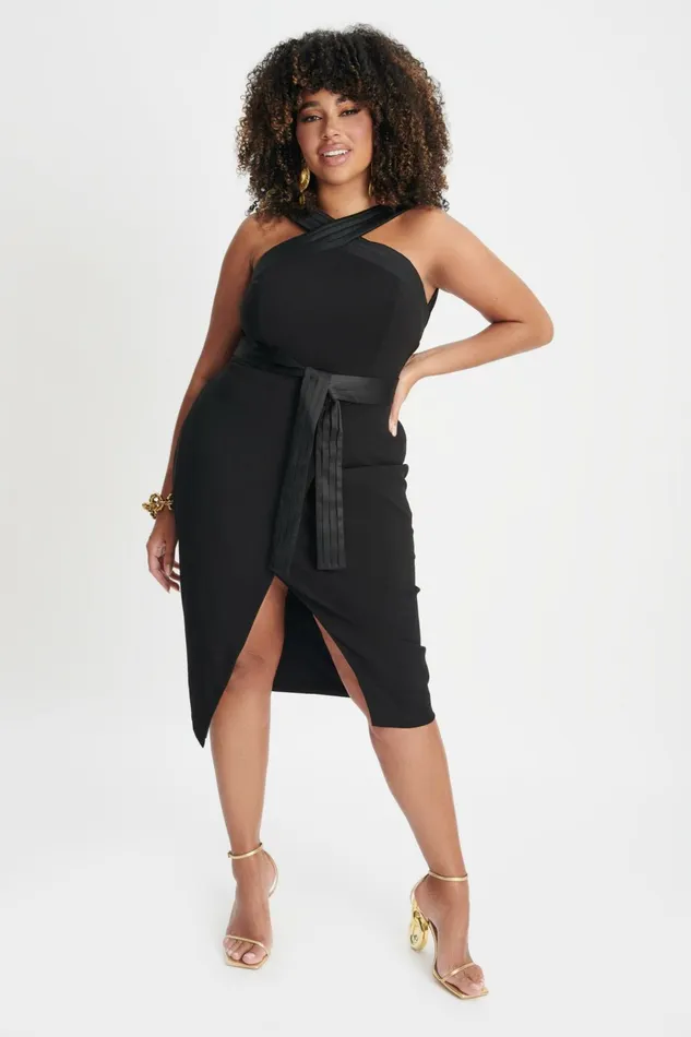 Women Belted Dresses Lavish Alice ISLA Curve Satin Mix Cross Over Midi Dress In Black Black