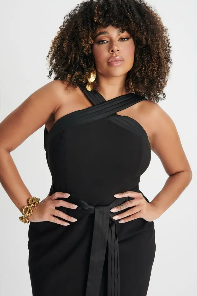 Women Belted Dresses Lavish Alice ISLA Curve Satin Mix Cross Over Midi Dress In Black Black