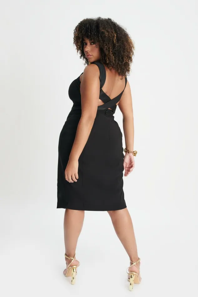 Women Belted Dresses Lavish Alice ISLA Curve Satin Mix Cross Over Midi Dress In Black Black