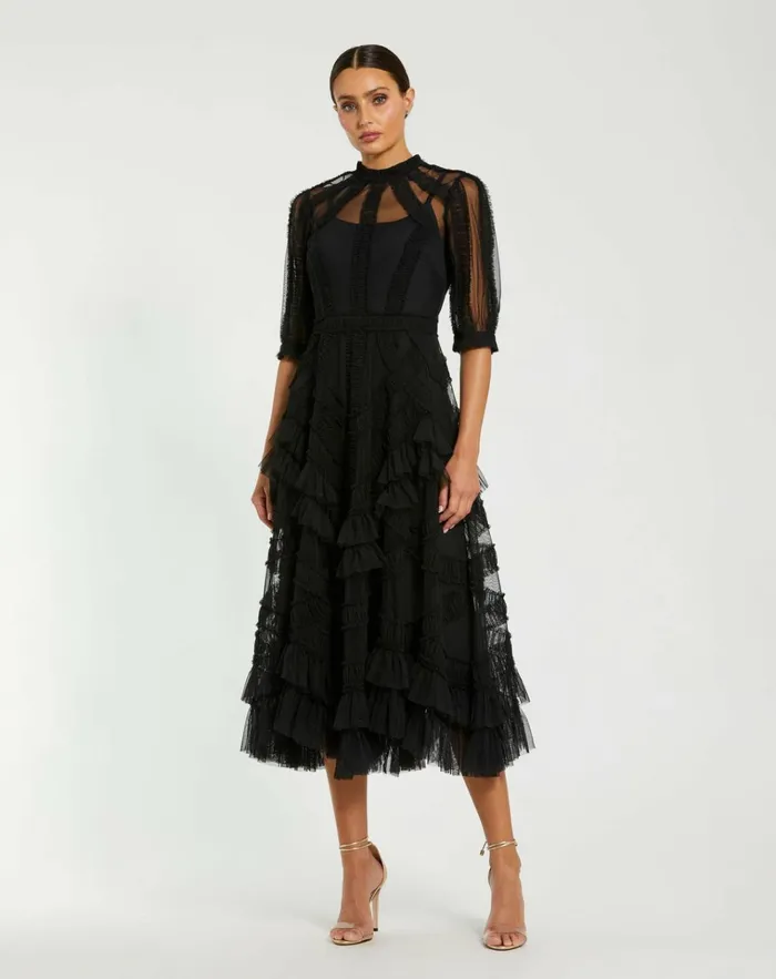 Women Best Sellers Mac Duggal Black High Neck Micro Ruffle Tiered Midi Dress Black