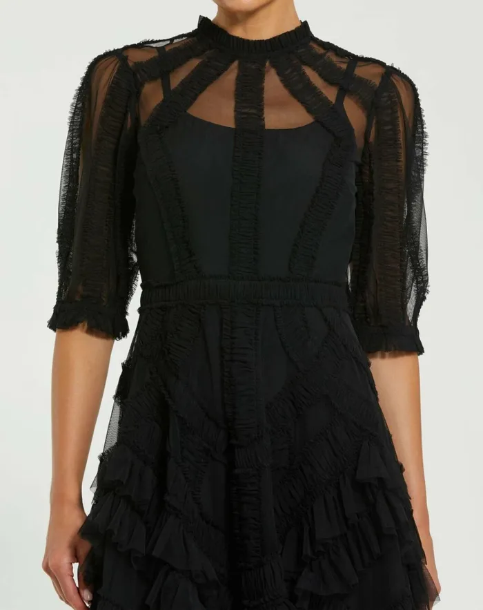 Women Best Sellers Mac Duggal Black High Neck Micro Ruffle Tiered Midi Dress Black