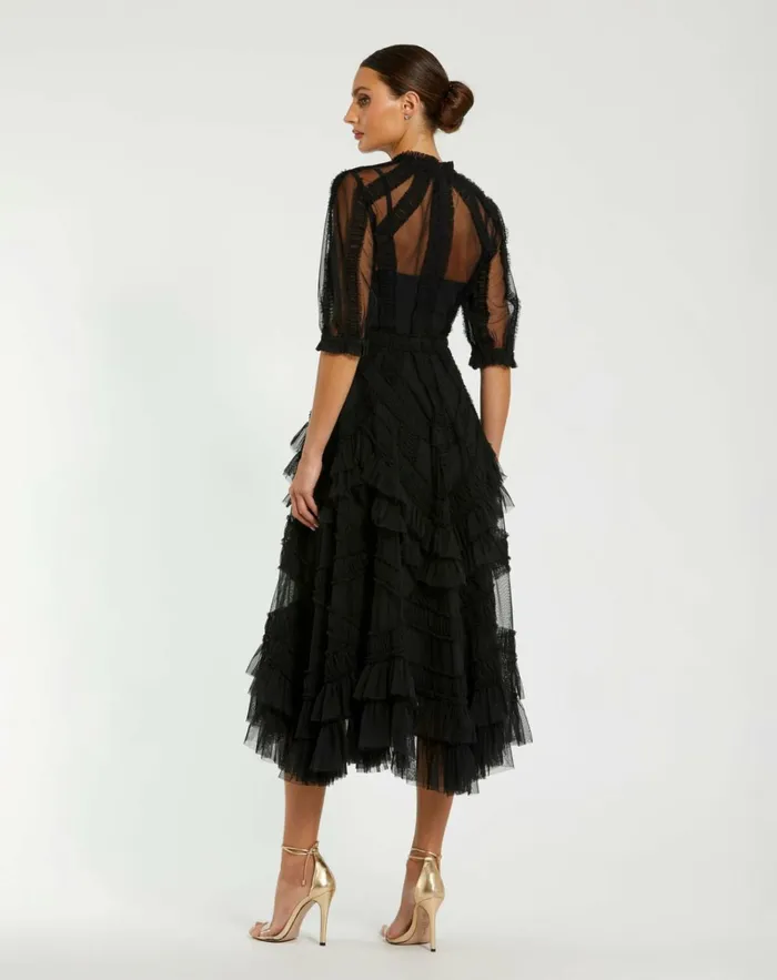 Women Best Sellers Mac Duggal Black High Neck Micro Ruffle Tiered Midi Dress Black