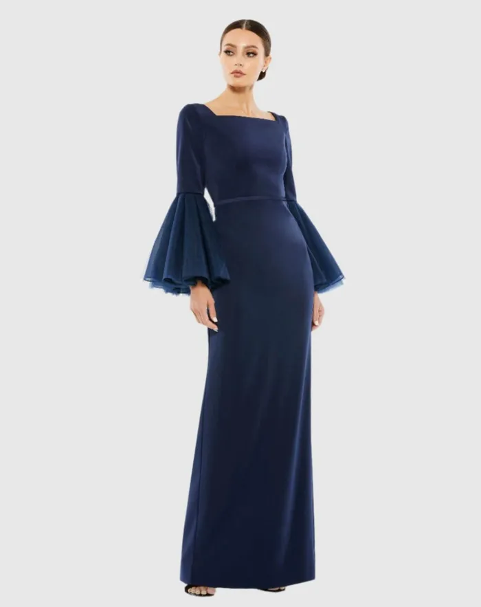 Women Best Sellers Mac Duggal Flounce Sleeve Square Neck Column Gown Navy