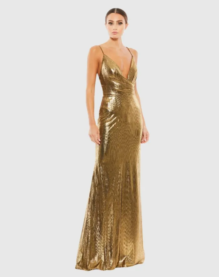 Women Best Sellers Mac Duggal Gold Metallic Faux Wrap Spaghetti Strap Gown Bronze