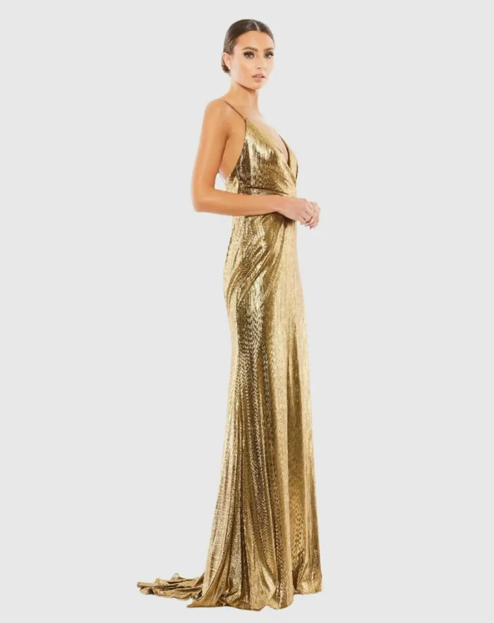Women Best Sellers Mac Duggal Gold Metallic Faux Wrap Spaghetti Strap Gown Bronze