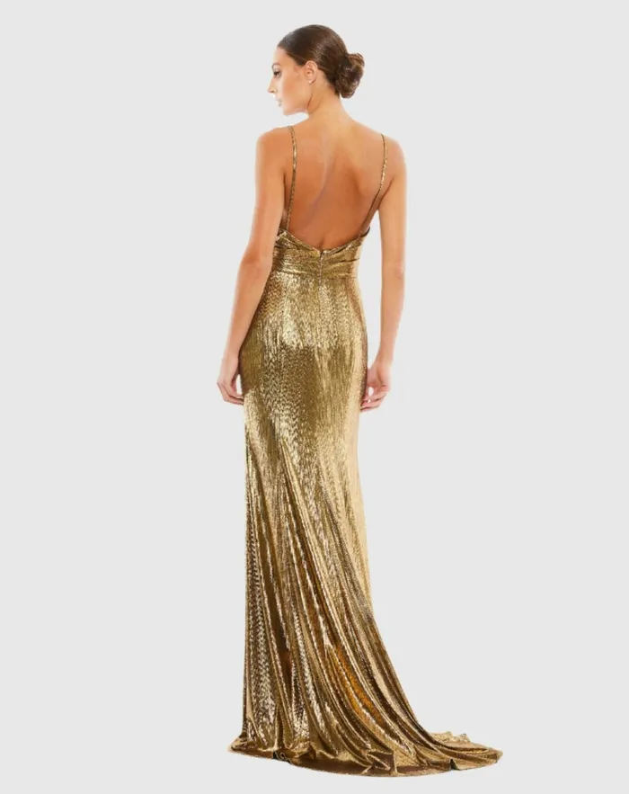 Women Best Sellers Mac Duggal Gold Metallic Faux Wrap Spaghetti Strap Gown Bronze