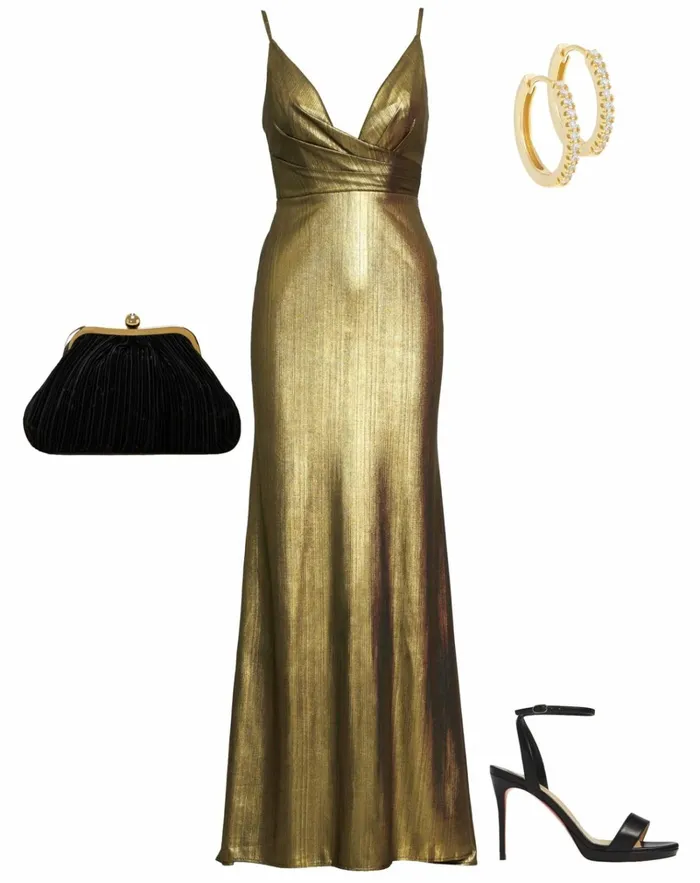 Women Best Sellers Mac Duggal Gold Metallic Faux Wrap Spaghetti Strap Gown Bronze
