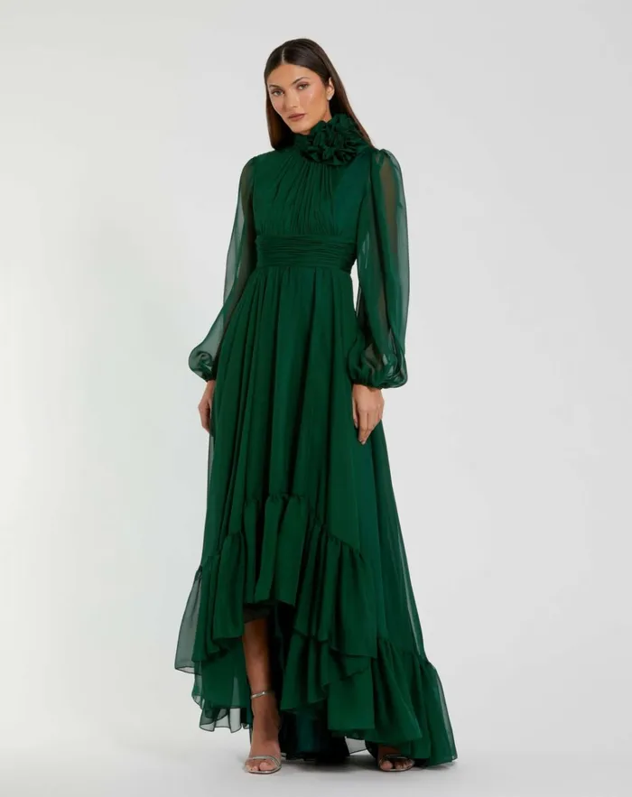 Women Best Sellers Mac Duggal High Low Long Sleeve Chiffon Gown With 3D Flower Emerald
