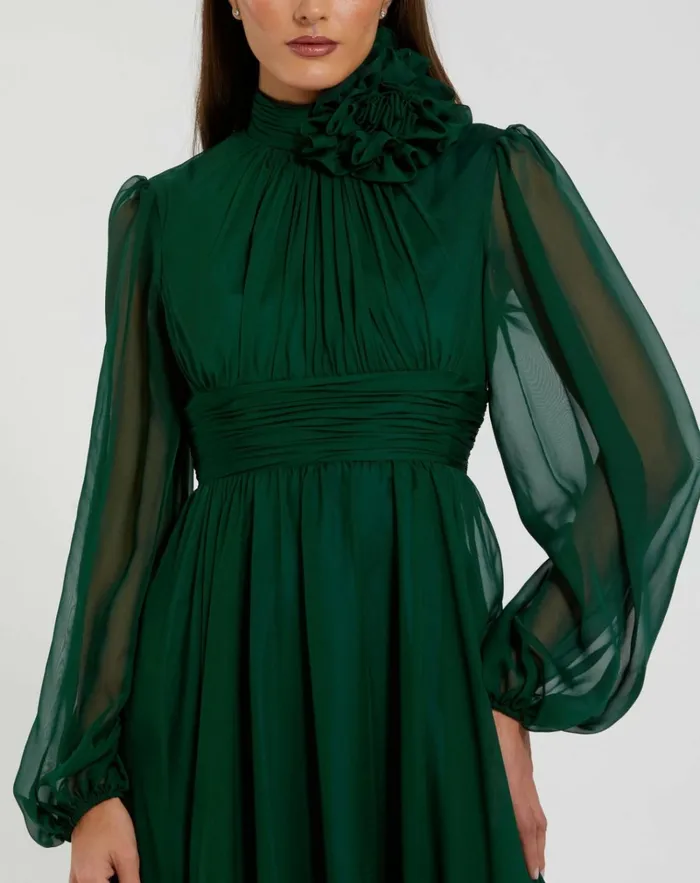 Women Best Sellers Mac Duggal High Low Long Sleeve Chiffon Gown With 3D Flower Emerald