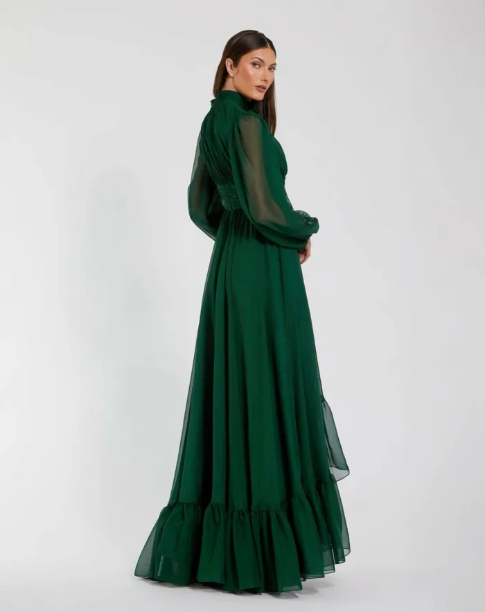 Women Best Sellers Mac Duggal High Low Long Sleeve Chiffon Gown With 3D Flower Emerald