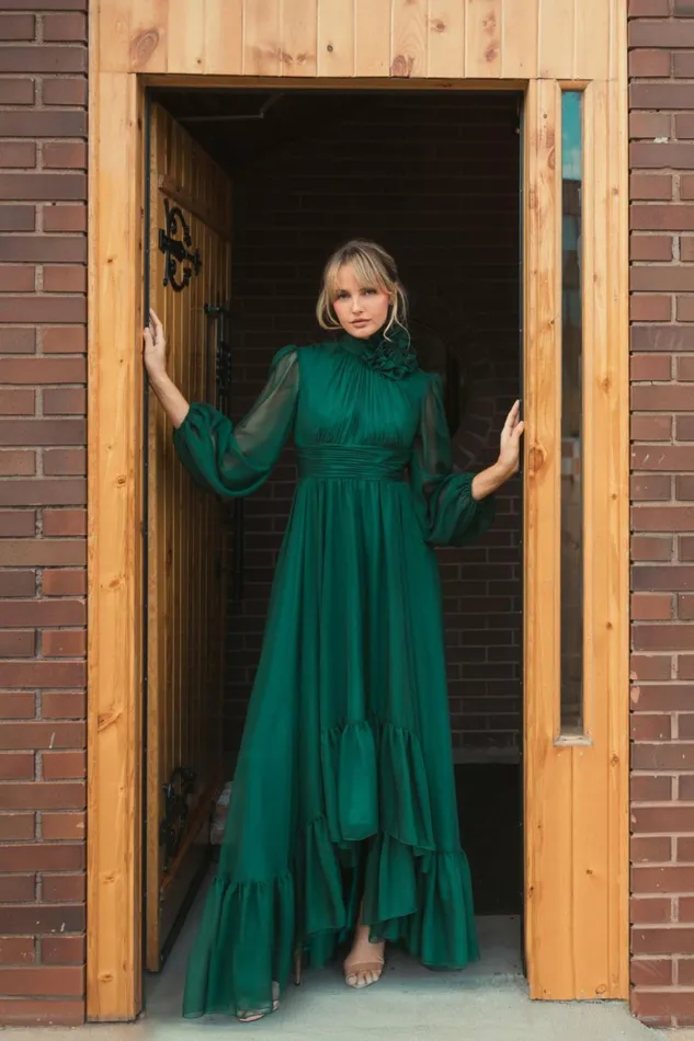 Women Best Sellers Mac Duggal High Low Long Sleeve Chiffon Gown With 3D Flower Emerald