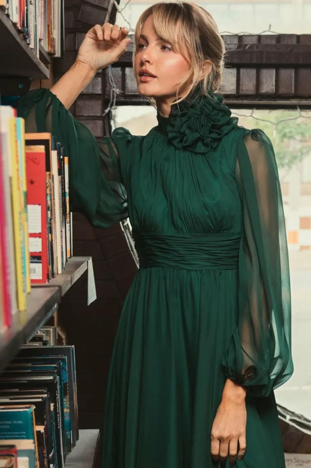 Women Best Sellers Mac Duggal High Low Long Sleeve Chiffon Gown With 3D Flower Emerald
