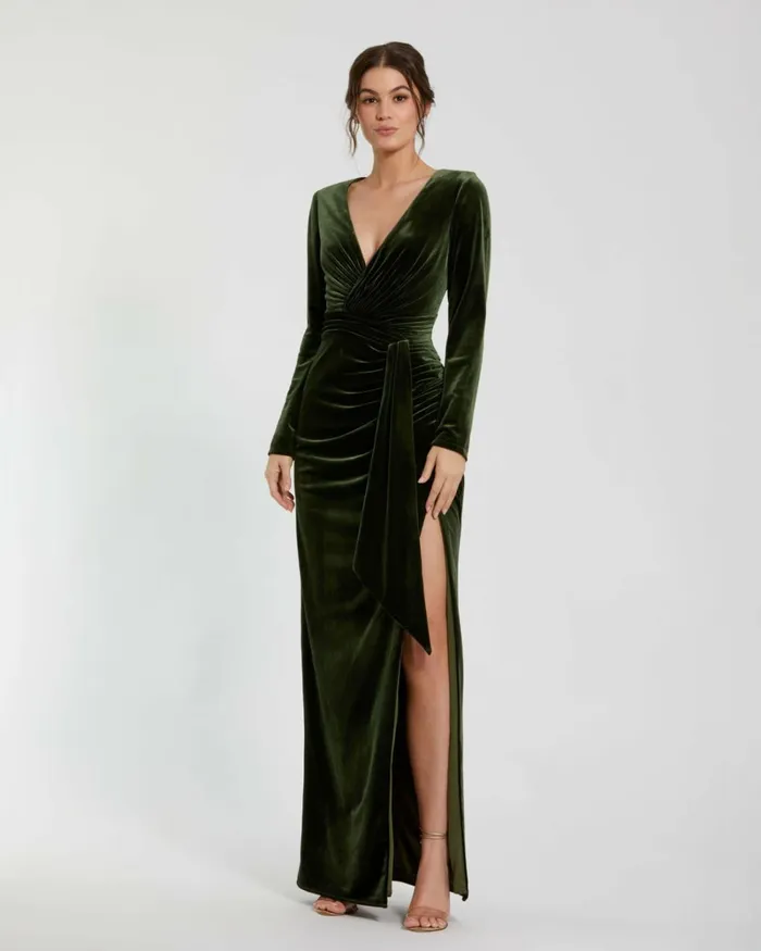Women Best Sellers Mac Duggal Long Sleeve Deep V Draped Velvet Gown Olive