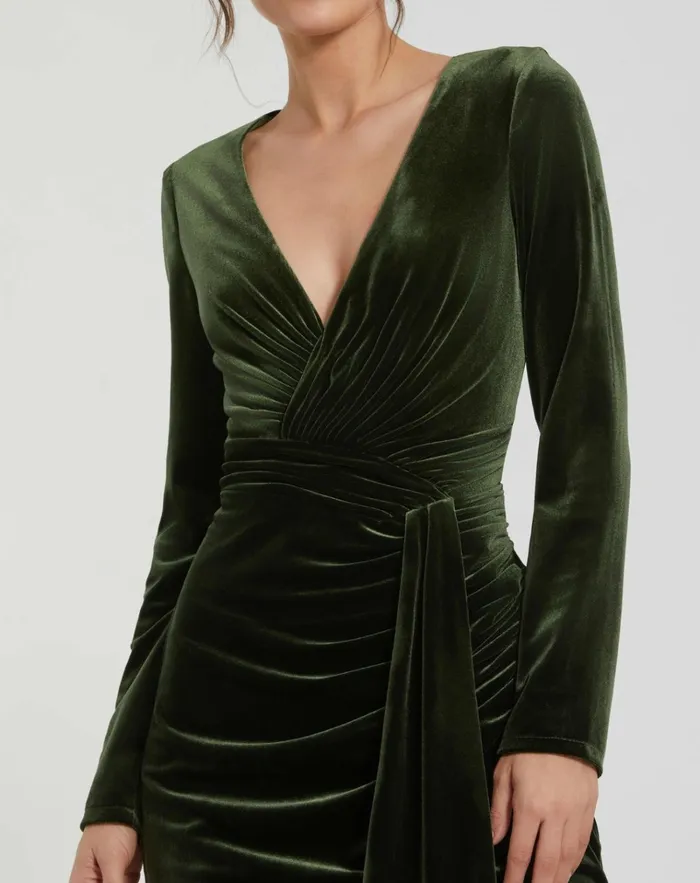 Women Best Sellers Mac Duggal Long Sleeve Deep V Draped Velvet Gown Olive