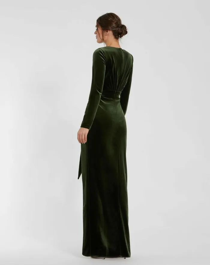 Women Best Sellers Mac Duggal Long Sleeve Deep V Draped Velvet Gown Olive