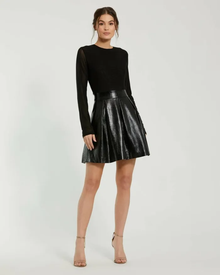 Women Best Sellers Mac Duggal Mesh And Leather Long Sleeve A Line Mini Dress Black