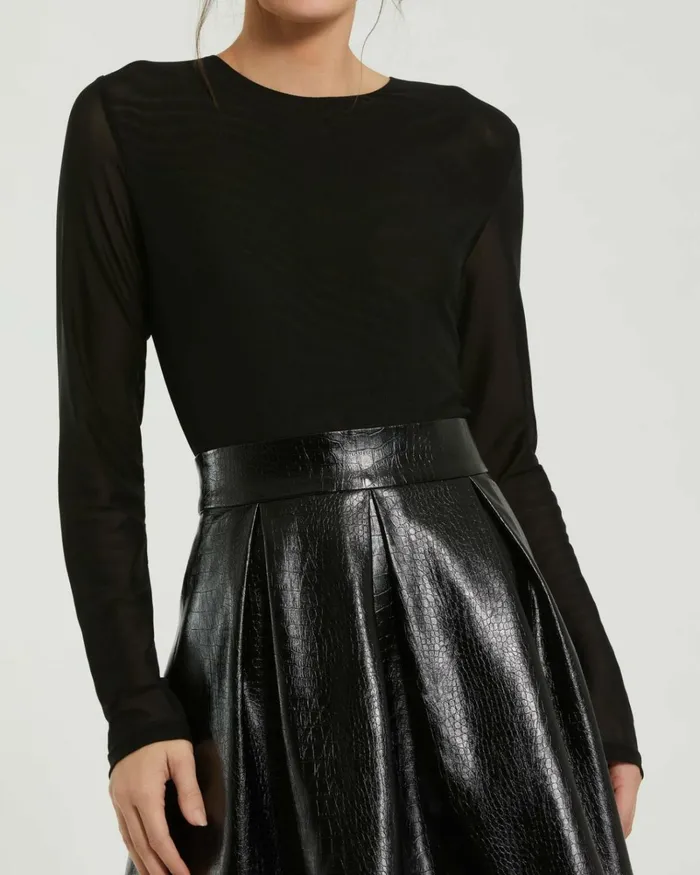 Women Best Sellers Mac Duggal Mesh And Leather Long Sleeve A Line Mini Dress Black