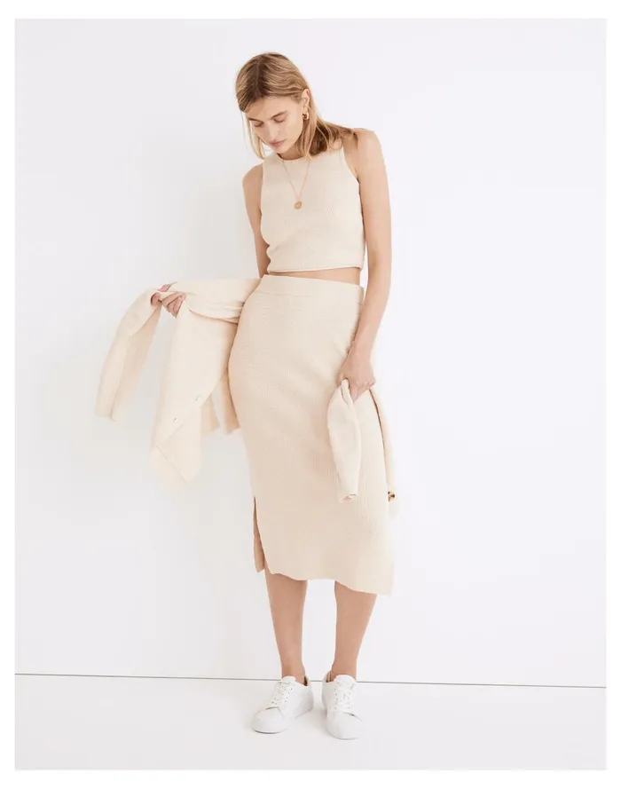 Women Birchmoor Midi Sweater Skirt Heather Oatmeal Madewell Skirts