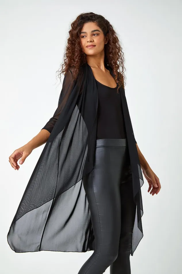 Women Black 34 Sleeve Mesh Longline Kimono Roman Tops