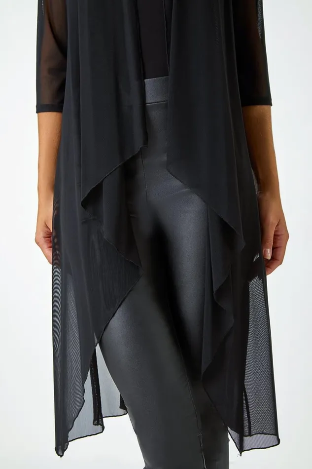 Women Black 34 Sleeve Mesh Longline Kimono Roman Tops