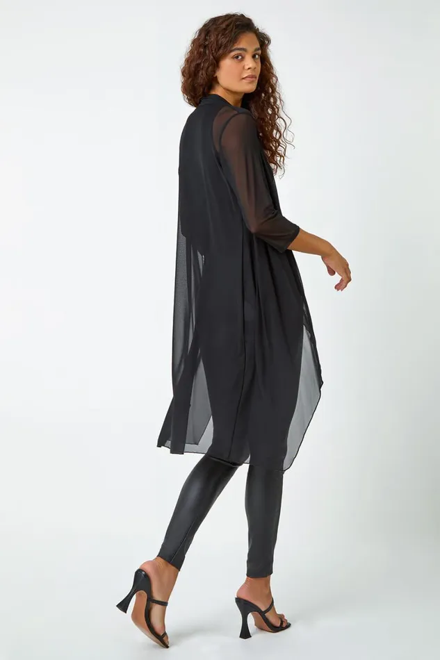 Women Black 34 Sleeve Mesh Longline Kimono Roman Tops