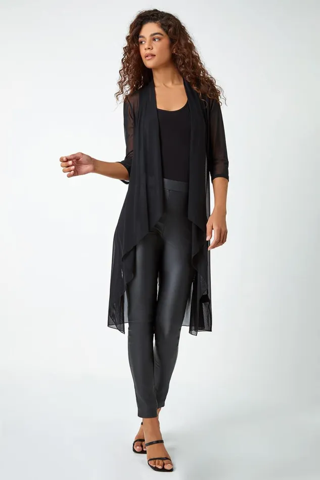 Women Black 34 Sleeve Mesh Longline Kimono Roman Tops